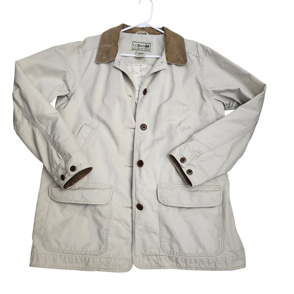LL Bean Field Coat Womens XL Khaki Canvas Barn Jacket Corduroy Wildlife Lining